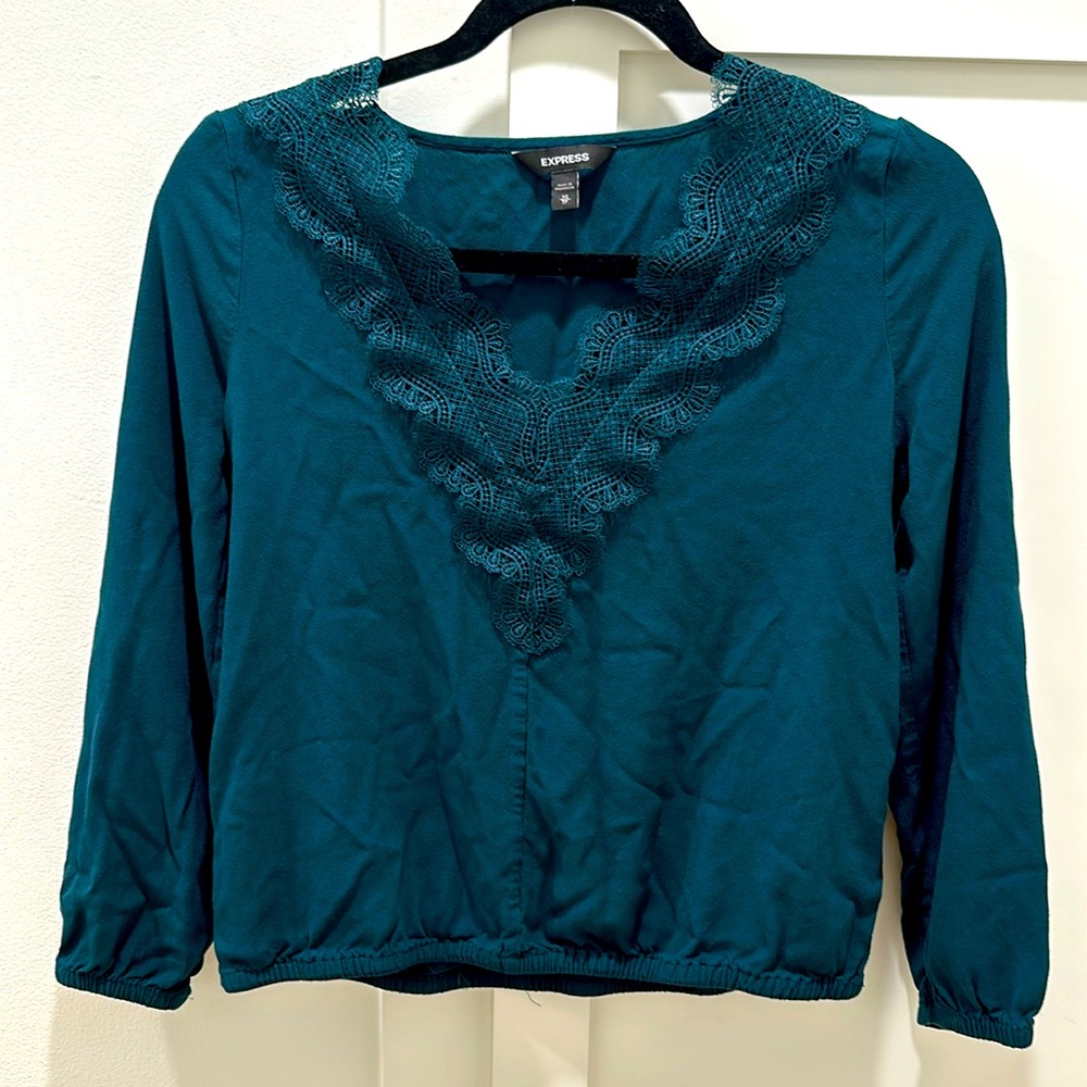 Express Dark Green Lace Trim Blouse